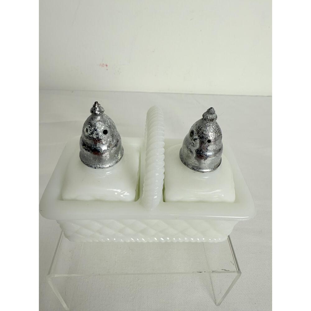 Colony White Milk Glass Vintage Basket Salt and Pepper Shakers Set